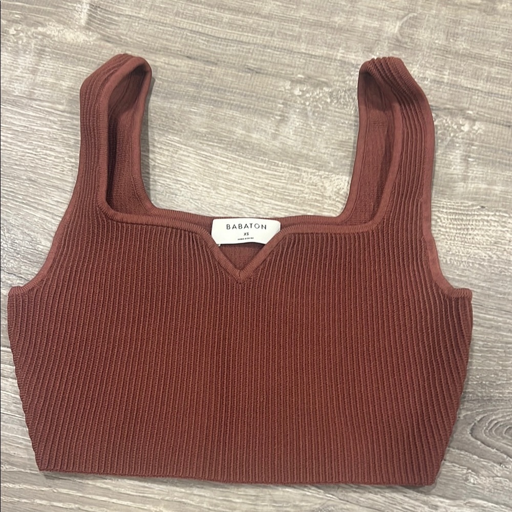 Babaton Brown Sleeveless Tank Top with Crop and Ribbed Style. From Aritzia
